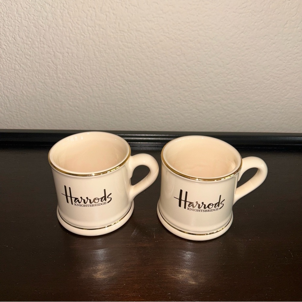 Two vintage Harrods Knightsbridge mugs ivory-glazed fine bone china gold edge